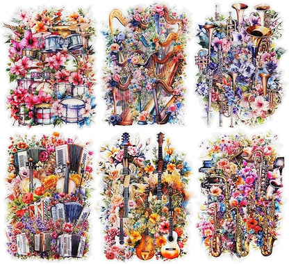 120Pcs Flowering Symphony PET Stickers, Watercolor Musical Instrument Ephemera for Scrapbooking, Journaling, and Craft Supplies