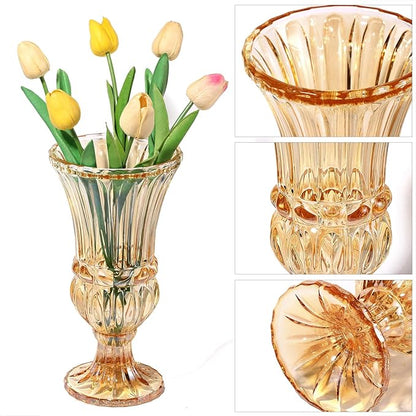 11.6" High Amber Glass Vase, Art Plant Flower Vase. Decorative for Home Office Wedding Holiday Party Celebrate Centerpiece Decor