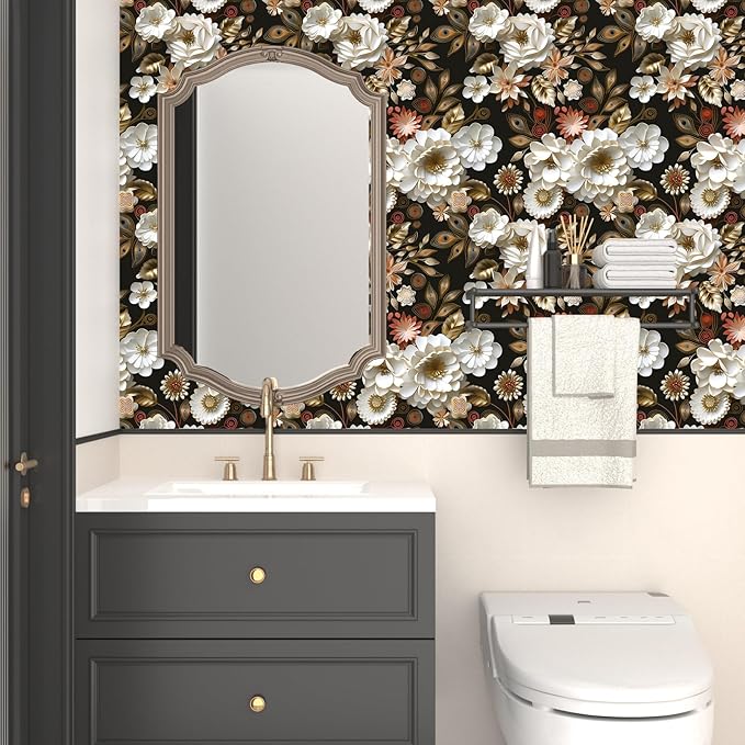 Vintage Wallpaper Peel and Stick Dark Floral Contact Paper 17.5in x 118in White Gold Flower Wallpaper Vinyl Waterproof Self Adhesive Boho Leaf Botanical Wall Paper for Bedroom Cabinet Table Decoration