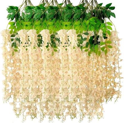 24 Pack Champagne Wisteria Hanging Flowers Garland, 3.77 Feet Artificial Flower Vines, Fake Wisteria, Artificial Vines Hanging Garland for Backdrop Outdoor Yard Garden Decor