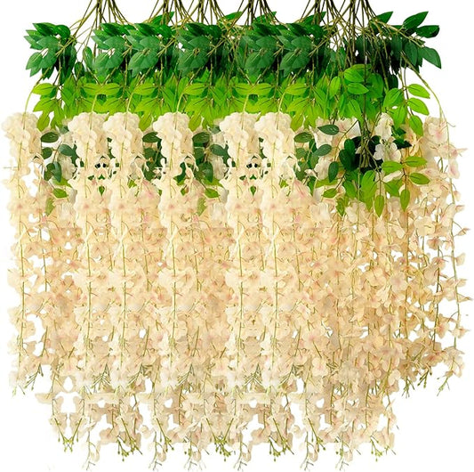 24 Pack Champagne Wisteria Hanging Flowers Garland, 3.77 Feet Artificial Flower Vines, Fake Wisteria, Artificial Vines Hanging Garland for Backdrop Outdoor Yard Garden Decor