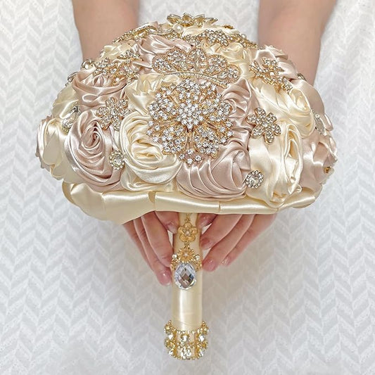Handmade Satin Rose Floral Bling Pearl Decor Bridal Wedding Bouquet Rhinestone Pendant Artificial Brooch Flowers for Bride Bridesmaid Quinceanera
