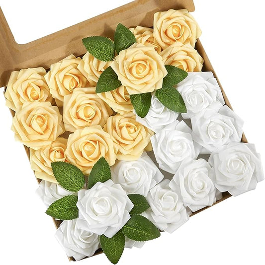 Artificial Flowers, 25pcs Yellow and White Artificial Rose for DIY Wedding Bouquets Centerpieces Arrangements, Fake Flower with Stems for Party Home Decorations