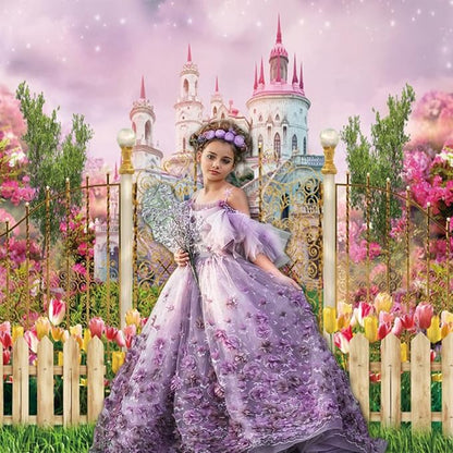7x5ft Fantasy Castle Wonderland Backdrop Flower Garden Sweet Princess Birthday Party Photography Backdrop Girls Portrait Banner Baby Shower Kids Birthday Party Decorations