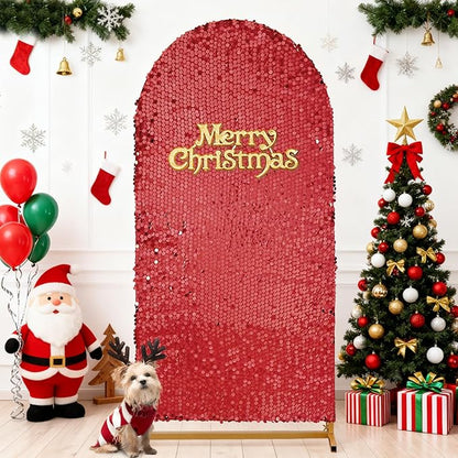 7.2FT Red Arch Cover Sequin: Wedding Arch Shimmer Backdrop Covers Sparkle Arched Stand Covers Glitter Backdrop Spandex Covers for Prom Party Decorations