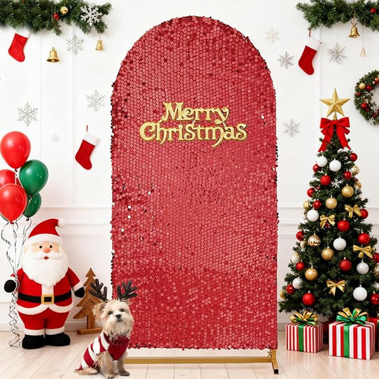 7.2FT Red Arch Cover Sequin: Wedding Arch Shimmer Backdrop Covers Sparkle Arched Stand Covers Glitter Backdrop Spandex Covers for Prom Party Decorations