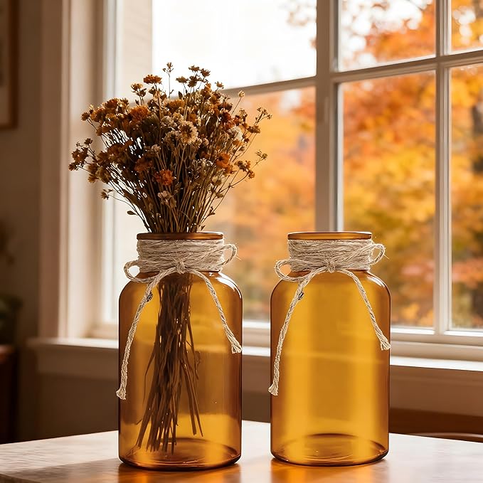 Vintage Glass Flower Vase，6 Pack Farmhouse Amber Gold Glass Centerpiece Vases Mason Jars for Christmas Weddings, Parties & Home Decor Bulk (6, Amber)
