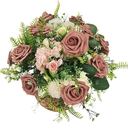 Artificial Rose Flowers 25pcs, Brown Foam Fake Rose Faux Flower for Wedding Bouquets Bridal Shower Centerpieces Floral Arrangements Home Decorations Party Backdrops Table