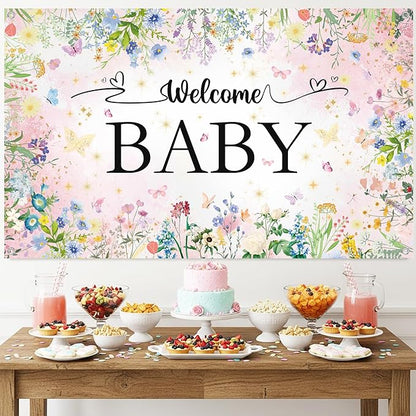 Wildflower Baby Shower Decorations Banner - Floral Welcome Baby Backdrop Party Supplies, Flower Theme Photo Background for Birthday Baby Shower Gender Reveal (72.8 x 35.4 inch)