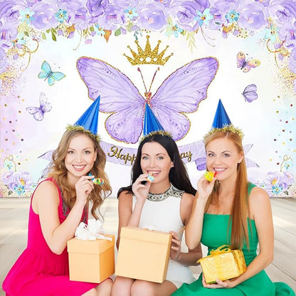 Renaiss 10x6.5ft Happy Birthday Backdrop Purple Butterfly Flowers Gold Crown Photography Background Daughter Girl Princess Birthday Party Decor Dessert Table Banner Portrait Selfie Group Photo Props