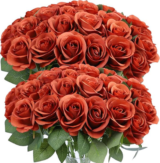 Artificial Rose Flower Artificial Flowers Flower with Long Stem Silk Roses Bouquet for Wedding Bridal Shower Party Home Decoration (Burnt Orange, 50 Pcs)