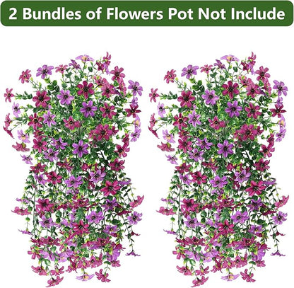 Homsunny Artificial Faux Hanging Flowers Plants for Outdoor Summer Decoration, 2 PCS Fake Silk Flowers for Outside Daisy Planter UV Resistant Look Real for Patio Porch Home Decor(Mix Purple)