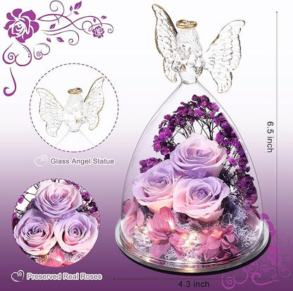 Christmas Rose Gifts for Women Preserved Real Flower in Glass Angel Figurines Roses for Delivery Prime Birthday Gifts for Mom Grandma Girlfriend Wife Her, Pinkpurpurple