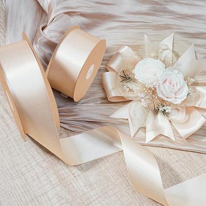 LaRibbons Nude Satin Ribbon 1 1/2 Inch 50 Yards Luxury Double Faced Ivory Silk Ribbon for Flower Bouquet Crafts Gift Wrapping Wedding Bow Christmas Decoration
