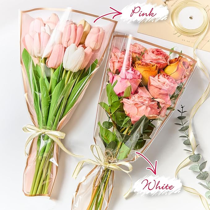 Mauproy 50 Pack Pink Flower Bags for Bouquets, 17.7 x 10.9 Inches Plastic Flower Sleeves Clear Front Floral Wraps with Ribbons for Christmas Florist Packaging Supplies