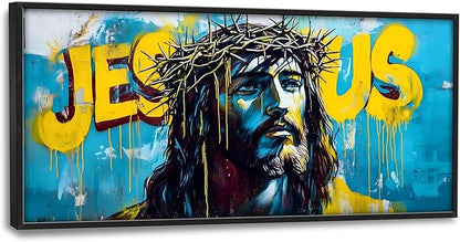 Banksy Jesus Large Wall Art Graffiti Framed Wall Decor for Living Room Pop Street Pictures Oversized Canvas Print Painting Modern Extra Large Framed Artwork for Bedroom Office 60"x30"