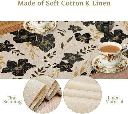 Black Gold Floral Table Runner, Mordern Minimalist Luxury Golden Floral Leaves Print Table Runner for Indoor Outdoor Home Decor Party Decor, 13x90inch