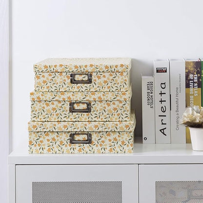 Soul & Lane Decorative Cardboard Storage Boxes With Lids, Set of 3 Nesting Floral Photo Storage for Home Décor and Scrapbook Paper, Memory Boxes For Keepsakes, Documents, Organizing