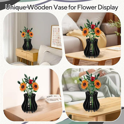Wooden Vase for Lego Flowers - Wooden Vase for Lego Bouquet, Wood Vases Puzzle Set for LegoRoses Sunflower Tulips, Vases Kit for Artificial Bouquet Arrangement Home and Office Decoration(Black)