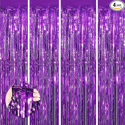 Keyali 4 Pack 3.3 * 8.3 ft Foil Curtain Metallic Tinsel Fringe Curtains Photo Booth Props Backdrop for Birthday Wedding Engagement Baby Shower Christmas Holiday Celebration Partyl,Purple