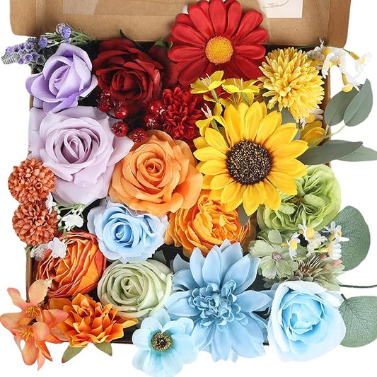 Multi Use Rainbow Colorful Artificial Flowers Combo, Fake Roses Silk Sunflower with Stems for DIY Bridal Wedding Bouquets Baby Shower Floral Arrangements Centerpiece Party Home Decorations (Rainbow2)