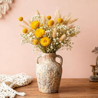 Vintage Wabi Sabi Ceramic Vase – 7.87 Inch Farmhouse Flower Vase with Handle, Rustic Decorative Pot for Entryway, Shelf, Floral Arrangement, Boho Home Decor