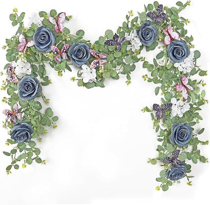 2Pcs 5.9 Ft Artificial Rose Vine Fake Flower Garland Blue Rose Hydrangea Vines with 3D Butterflies Hanging Floral Eucalyptus Garland for Wedding Party Background Arch Table Wall Home Decor