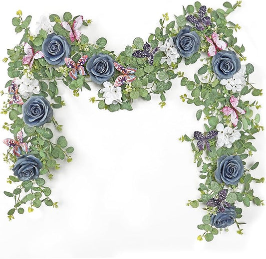 2Pcs 5.9 Ft Artificial Rose Vine Fake Flower Garland Blue Rose Hydrangea Vines with 3D Butterflies Hanging Floral Eucalyptus Garland for Wedding Party Background Arch Table Wall Home Decor