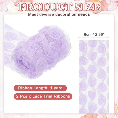 uxcell 2PCS Lace Trim Ribbon, 2.36 inch - 1 Yard 3D Rose Floral Embroidery Ribbons Edge Trimming for Sewing, Wedding Dress, DIY Crafts, Decoration Accessories, Light Purple