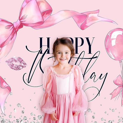 Pink Bow Happy Birthday Backdrop 7Wx5H Photography Bowknot Balloons Coquette Birthday Lips Diamond Balloons Background Woman Bachelorette Party Decorations Banner Photo Booth Props Supplies