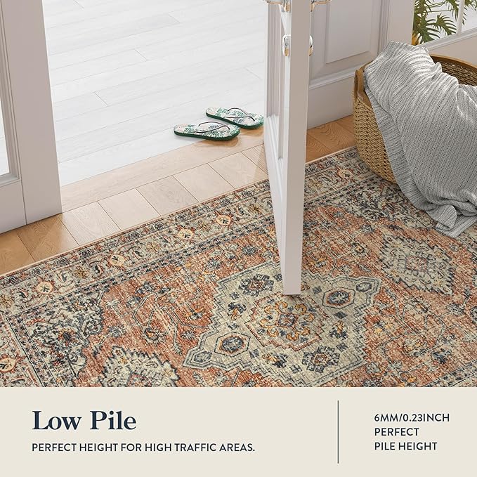 Lahome Oriental Small Area Rug, 2x4 Soft Washable Rugs for Entryway Kitchen, Non-Slip Ultra-Thin Fall Indoor Door Mat Distressed Vintage Small Carpet for Bathroom Bedroom, Peach/Orange