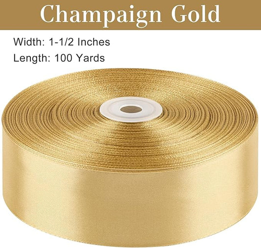 1-1/2 Inches 100 Yards Champaign Gold Satin Ribbon, Solid Fabric Ribbon Roll for Flower Bouquets, Gift Wrapping, Wedding, Handmade Crafts