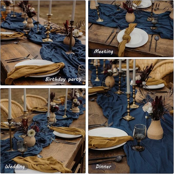 12 Pack 10Ft Cheesecloth Boho Gauze Table Runner - 35x120 Inch Rustic Cheese Cloth Long Table Runner for Wedding, Bridal Shower, Birthday Party Decor (Navy Blue)