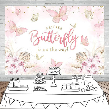 Mocsicka Butterfly Baby Shower Backdrop for Girl's A Little Butterfly is on The Way Pink Florals Flowers Photography Background Princess Girl Party Decoration Photography Props (8x6ft, Pink)