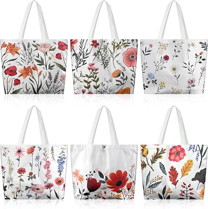 6 Pcs Floral Canvas Tote Bags Bulk for Women Chinoiserie Tote Bag Aesthetic Reusable Grocery Bags for Travel Shopping