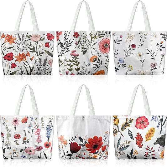6 Pcs Floral Canvas Tote Bags Bulk for Women Chinoiserie Tote Bag Aesthetic Reusable Grocery Bags for Travel Shopping