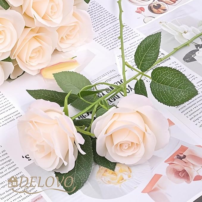 52pcs Champagne Roses Artificial Flowers Fake Flowers Silk Roses with Stems for DIY Wedding Bouquets Bridal Shower Centerpieces Arrangements Party Decorations