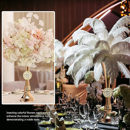 VIJIV 19" Gold Luxury Flower Vase for Wedding Centerpieces - Crystal-Embedded Tall Geometric Metal Vase for Feather, Rust-Resistant Table Decor for Gatsby Party/Reception/Hotel Floral Arrangements