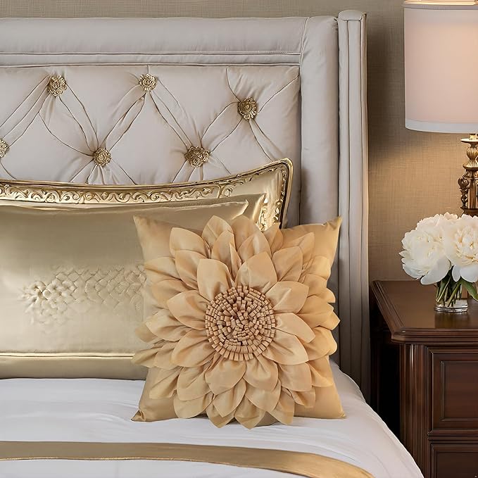 Bella's Giftshop 3D Sunflower Decorative Throw Pillow Covers for Bed Sofa Couch Car, Accent Floral Taffeta Cushion Cover, Handmade Pillow Cases Living Room Decor, 17x17 Inch-Gold