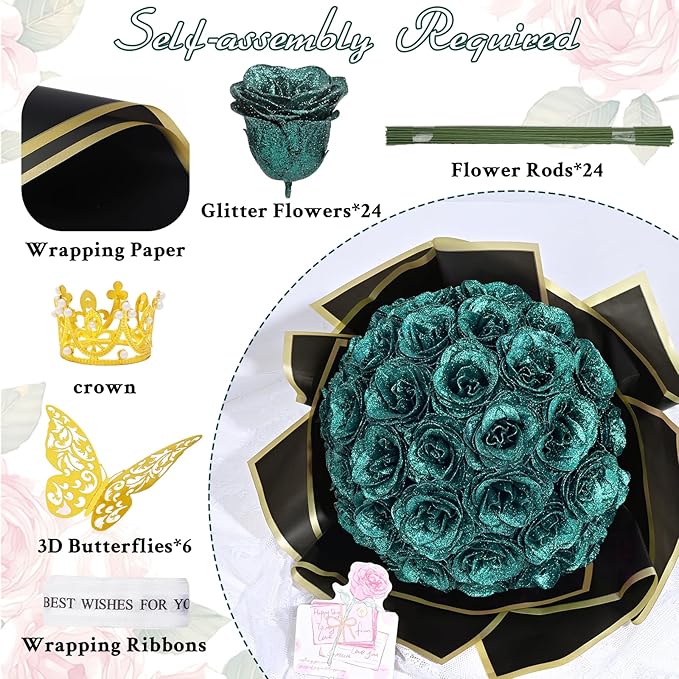 Waipfaru Glitter Roses Bouquet, DIY Fake Flowers Bouquet, Birthday Gifts for Women Mom, 24 Pcs Dark Green Rose for Wife Girlfriend Valentines, Mothers Day, Anniversary, Graduation