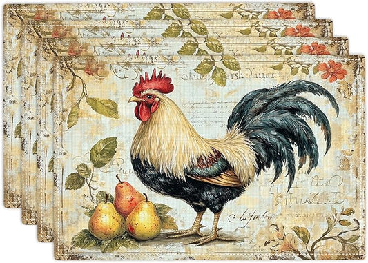Farmhouse Rooster Placemats Set of 4, Rustic Chicken Place Mats, Pear Dining Table Mats, Washable Placemats for Kitchen Dining Room Home Decor 18L'' × 12W''