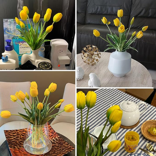 20PCS Yellow Fake Tulips Artificial Flowers Real Touch Latex Faux Tulips UV Resistant Fake Flowers Bouquet for Table Home Decor Party Wedding Garden Decoration