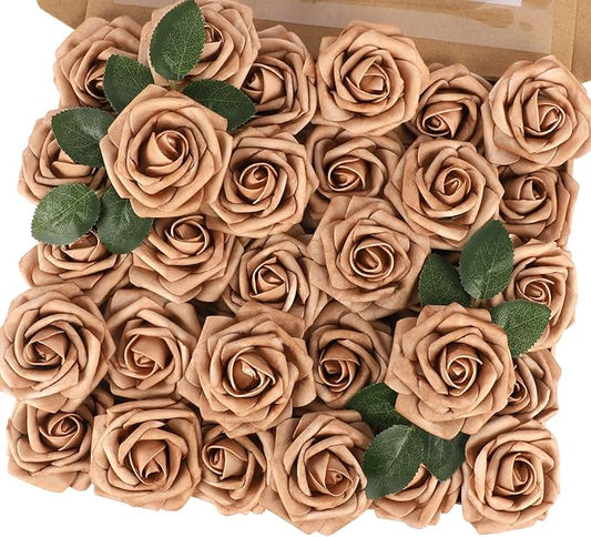 MACTING 30PCS Artificial Flower Roses Fake Flowers with Stem Foam Roses for DIY Wedding Bouquet Table Centerpieces Party Holiday Baby Shower Home Spring Valentines Day Decorations,Light Brown