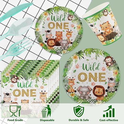 168 PCS Wild One Birthday Tableware Supplies, Disposable Plates Napkins Cups Knives Forks Spoons, Elephant Tiger Tableware Set for Jungle Safari Birthday Baby Shower Christmas Party Decor, Serves 24