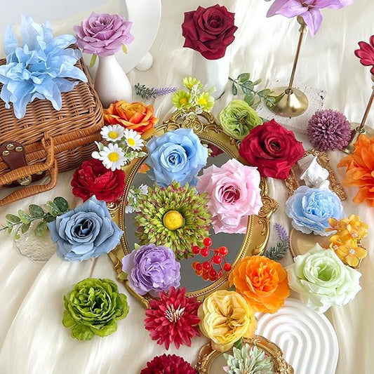 Colorful Artificial Flowers Combo Box Set Rainbow Silk Roses with Stems Sunflower DIY Bridal Wedding Bouquets Cake Fake Floral Arrangements Baby Shower Party Table Centerpieces Home Decor Bulks