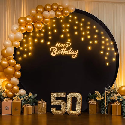 7.2 FT Black Round Backdrop Cover with Lights String for Circle Arch Stand Circle Backdrop Covers with LED Fairy Lights for Wedding Arch Baby Shower Birthday Party Photo Shoot Photography Background