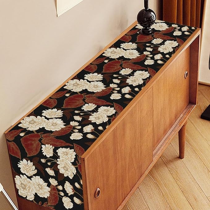 Boho Floral Table Runner, Black White Minimalist Vintage Rustic Flower Botanical Leaf Print Table Center Decor for Family Kitchen Table Decorations Indoor Outdoor 13x90 inch