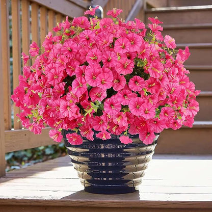 12PCS Artificial Flowers for Outdoor Decorations, Realistic Faux Silk Petunia Flowers for Outside, Fake Plants Morning Glory with Eucalyptus Porch Patio Planters Window Boxes Decor(Rosy red)