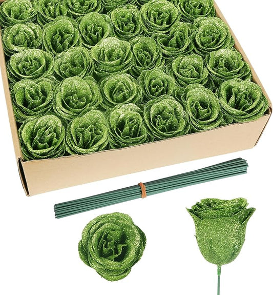 Artificial Roses,30PCS Green Glitter Flowers Faux Roses with Stems for Wedding Bouquet Party Christmas Home Decor(Green)