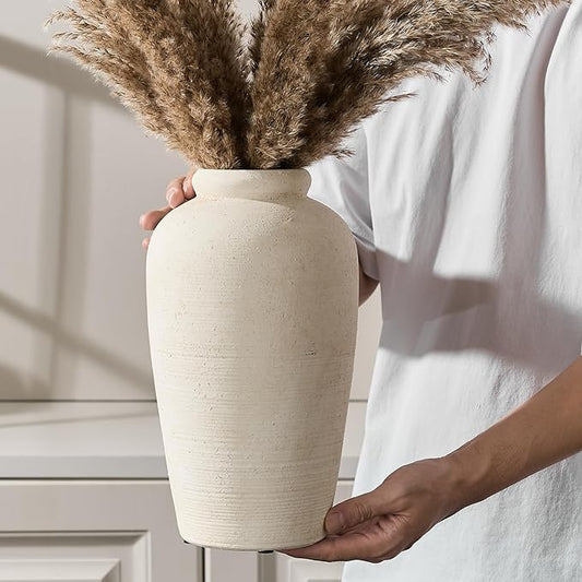 Large Ceramic Rustic Vase, 11 inch Minimalist Decorative Farmhouse Tall Vase for Home Decor, Living Room, Shelf Decor, Enterway, Wedding, Table Decoration, White